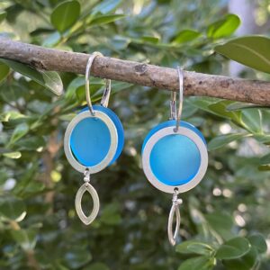 Blue Glass Earrings with Silver Hoops Dangling