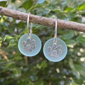 Blue Glass Silver Pawprints Earrings